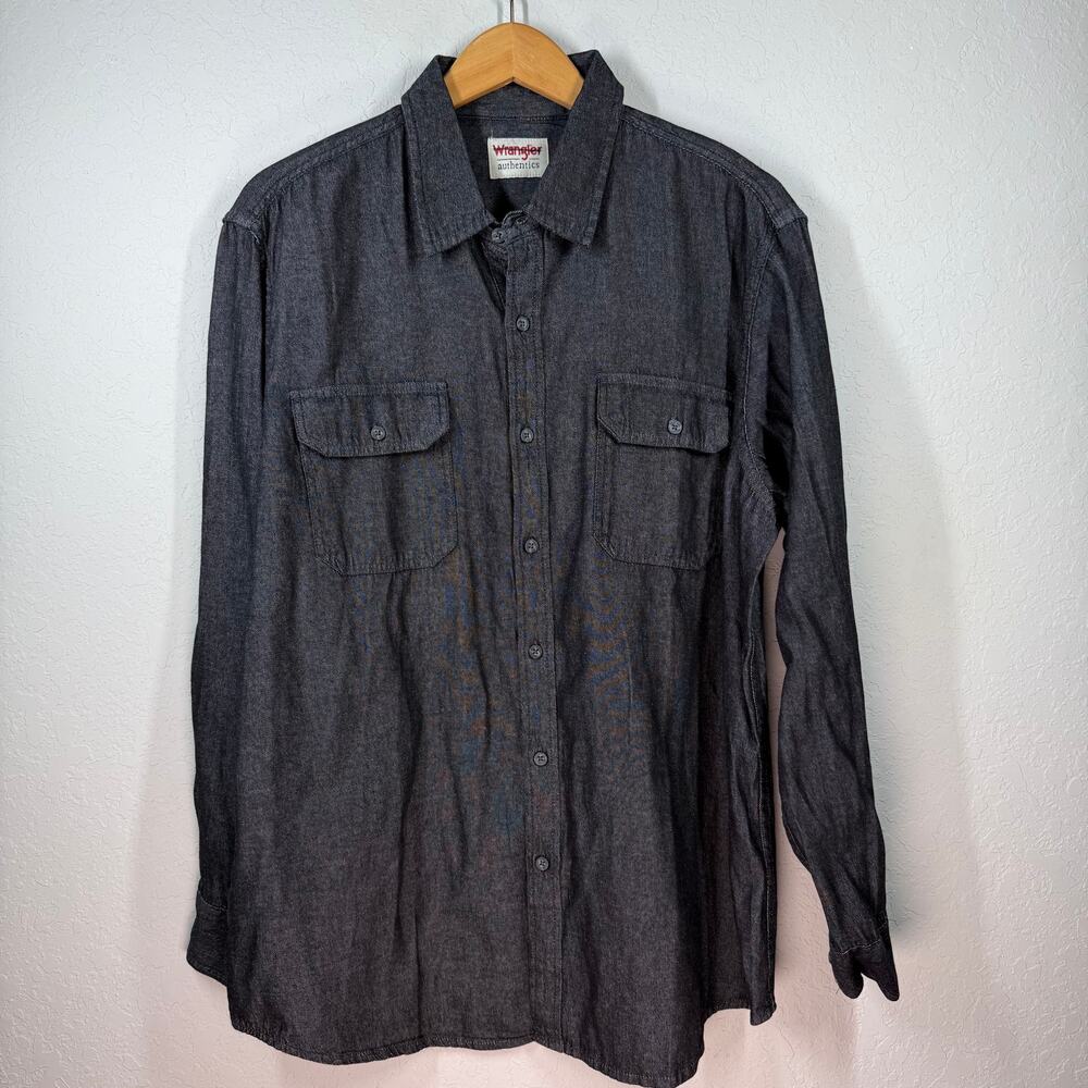 Men's Wrangler Black Denim Blue‎ Jean Long Sleeve Button Down Size Large